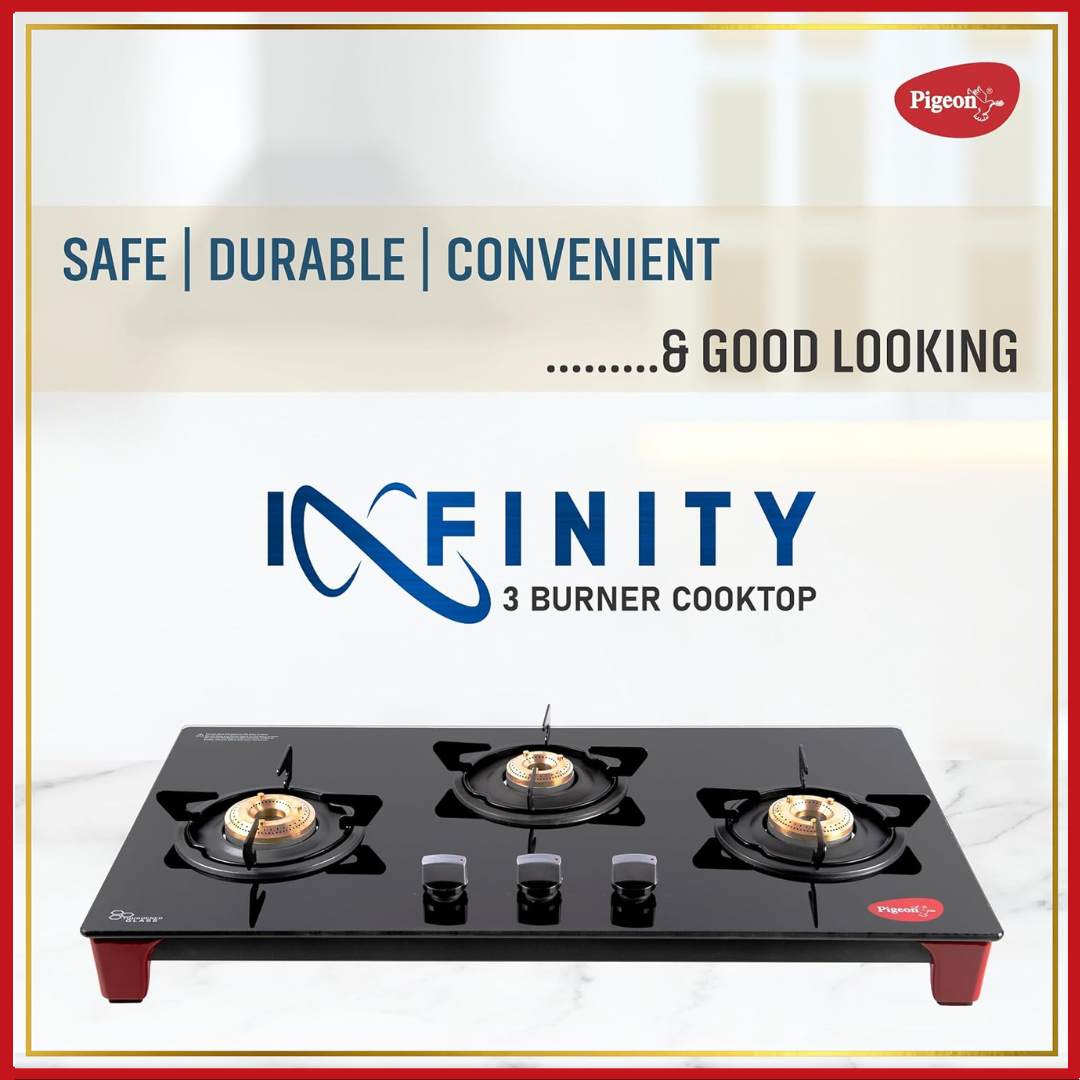 Pigeon 3 Burner Glasstop Gas Stove Infinity 3BR Auto SA AC GHAR